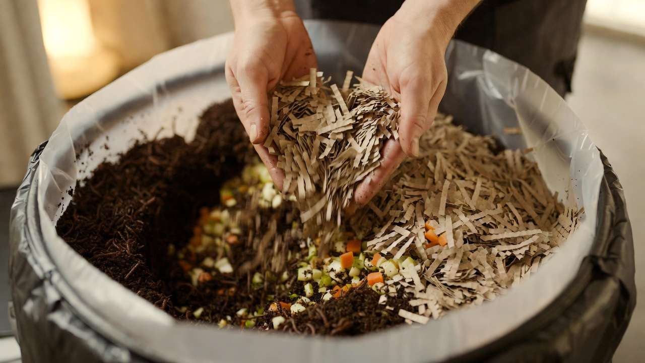 Adding bedding and burying food scraps in worm bin to prevent odors in vermicomposting