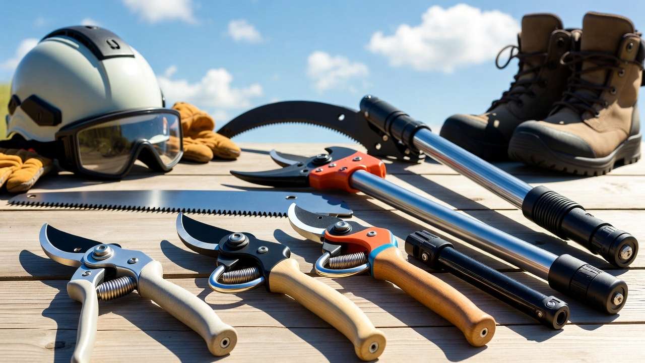 Essential pruning tools and safety gear for safe dead branch removal on tree