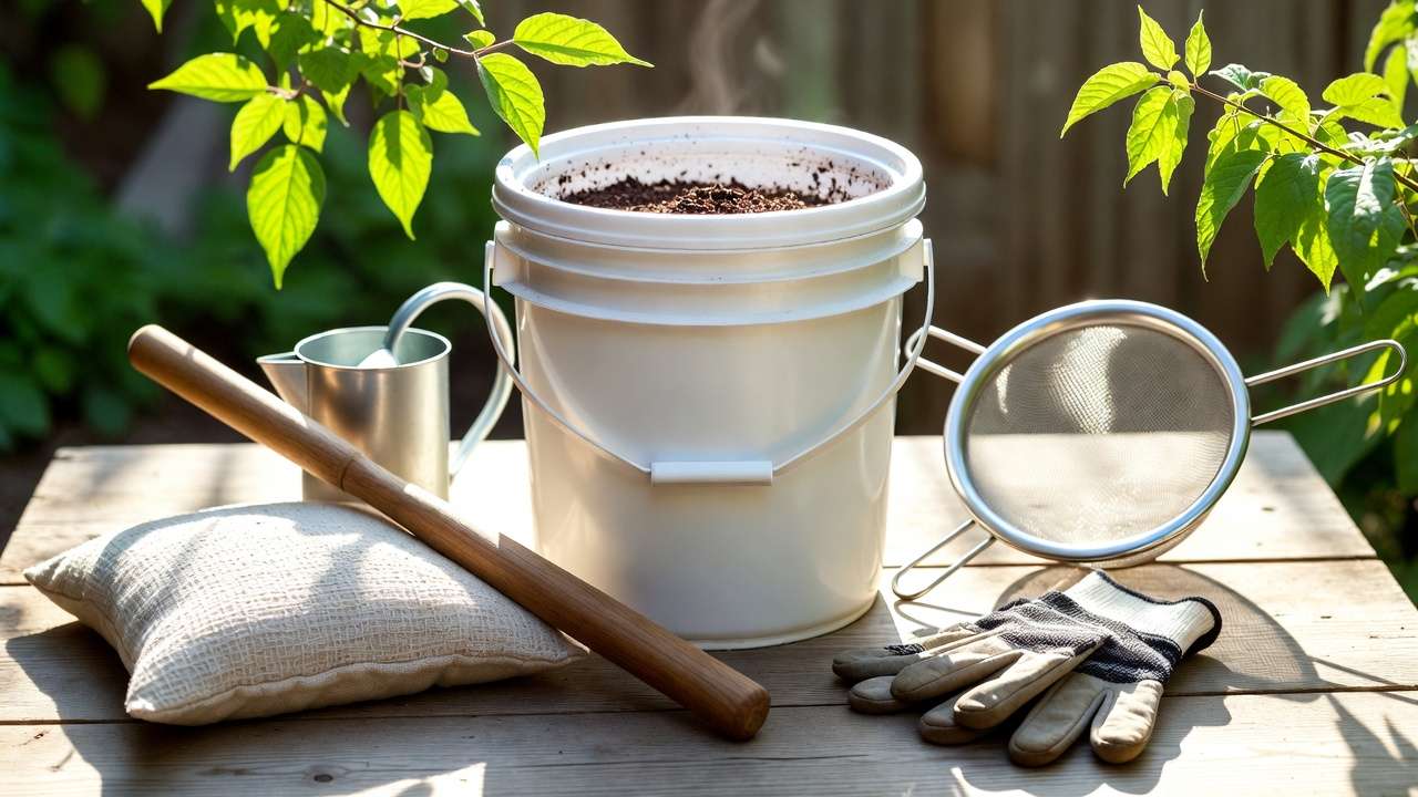 Essential tools and safety gear for making homemade liquid fertilizer at home