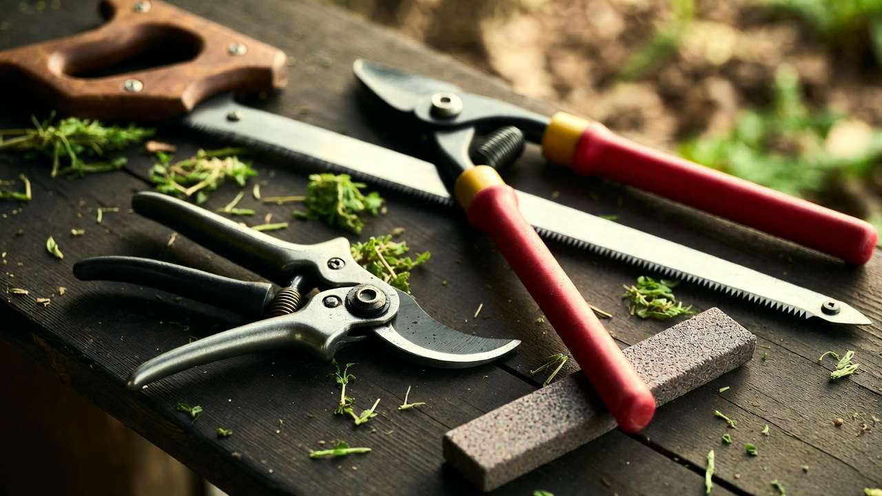 Sharp pruning tools including bypass pruners, loppers and saw ready for fruit tree pruning