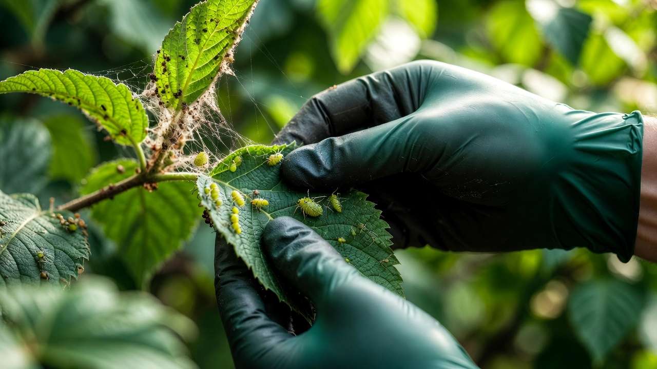 Gardener closely inspecting plant leaf underside for aphids and spider mites during seasonal pest monitoring