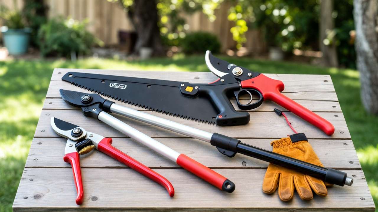 Essential pruning tools including bypass pruners, loppers, and saw laid out for tree care