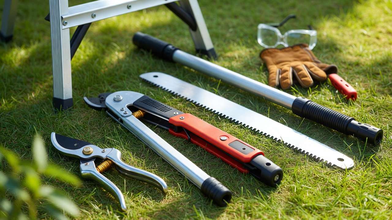 High-quality pruning tools laid out for safe DIY tree trimming