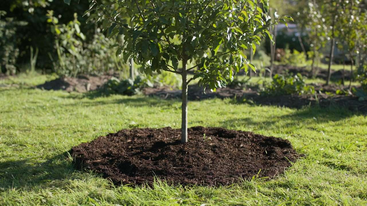Homemade compost used as mulch ring around a young fruit tree