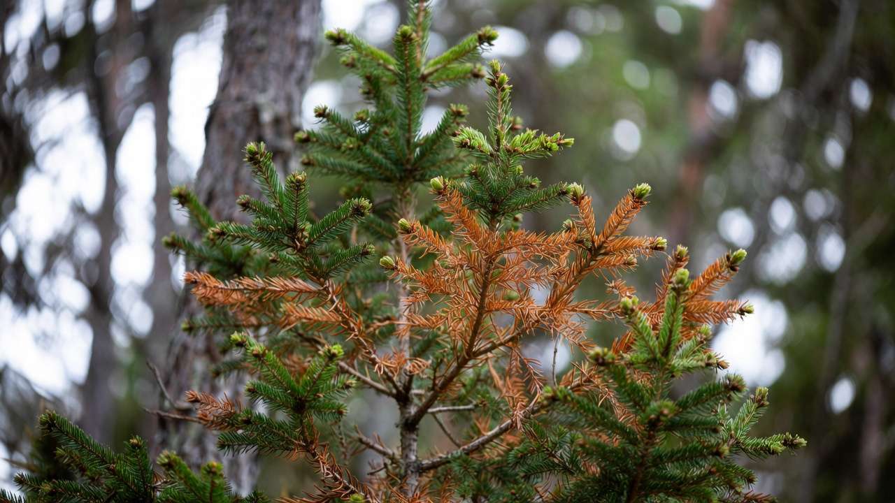 Healthy evergreen pine tree with natural interior needle drop and new green growth