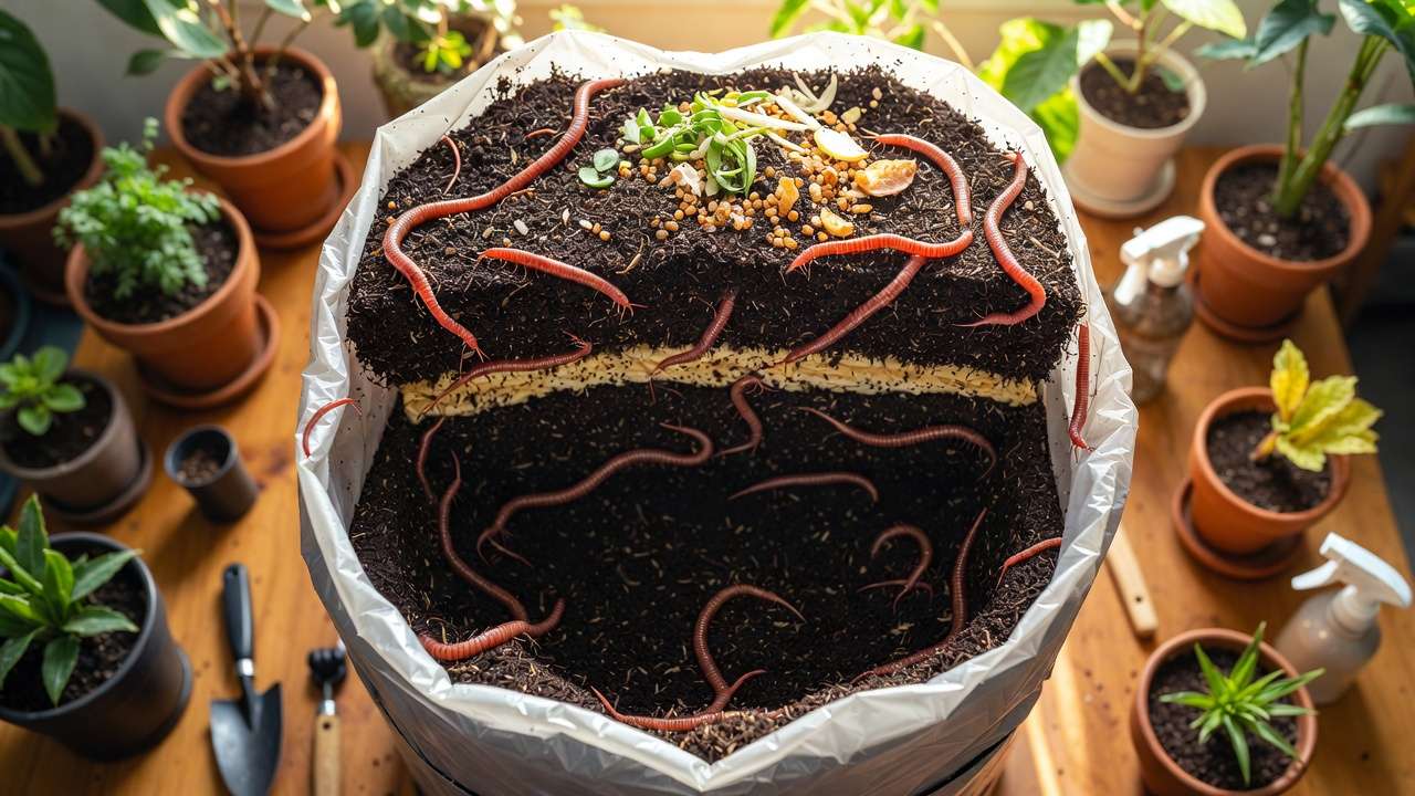 Thriving home worm bin with active red wigglers and layers of finished nutrient-rich worm castings