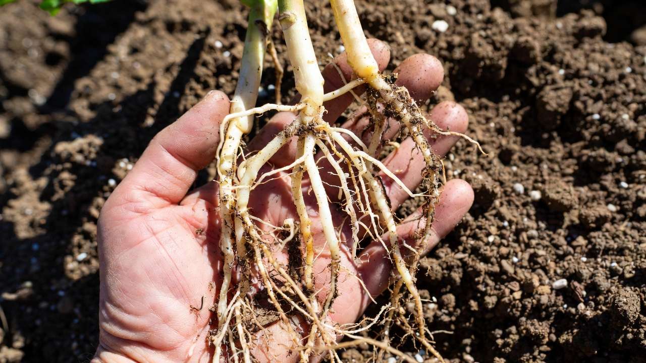 Healthy white fibrous roots in well-aerated DIY soil demonstrating improved plant health and oxygen access