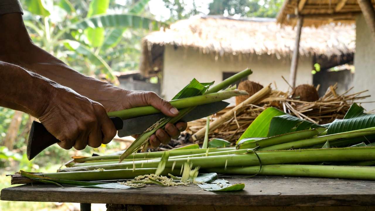 Traditional preparation of local compost materials like banana leaves, rice straw, and coconut husks in Bangladesh