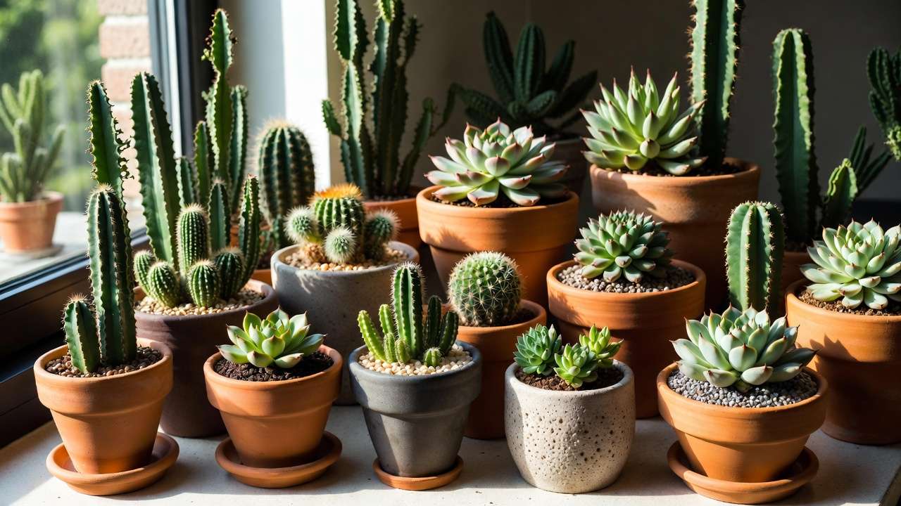 Beautiful collection of healthy cacti and succulents thriving in custom gritty soil blends on sunny windowsill