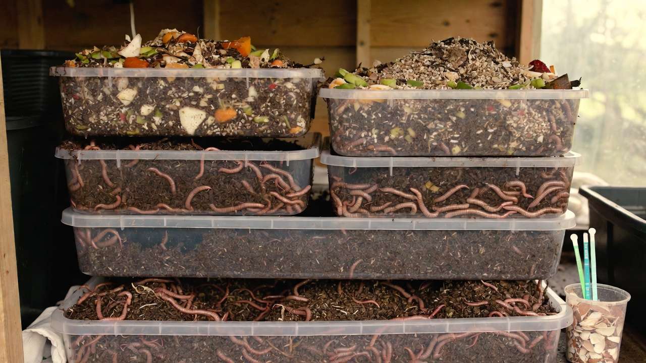 Advanced multi-tray flow-through worm bin system for large-scale vermicomposting