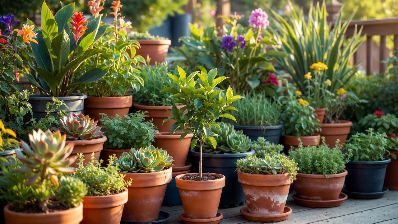 Successful container garden with healthy succulents, houseplants, herbs, and fruit trees using DIY potting mix