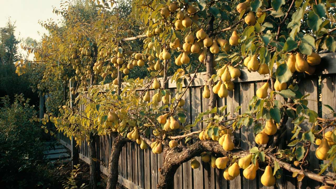 Ripe golden pears ready for harvest on well-trained espalier fruit tree in autumn
