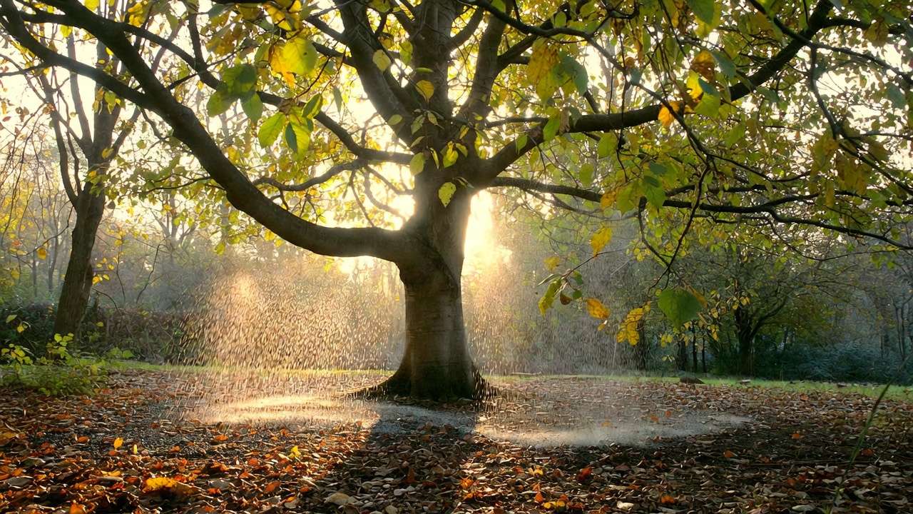 Mature tree in autumn with fallen leaves and fall fertilizer application for strong root development