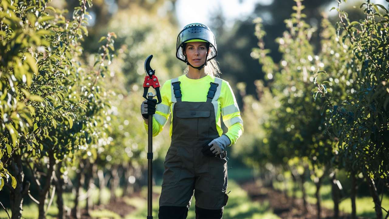 Fully equipped gardener in complete pruning safety gear including helmet, gloves, boots and protective clothing ready for safe tree care