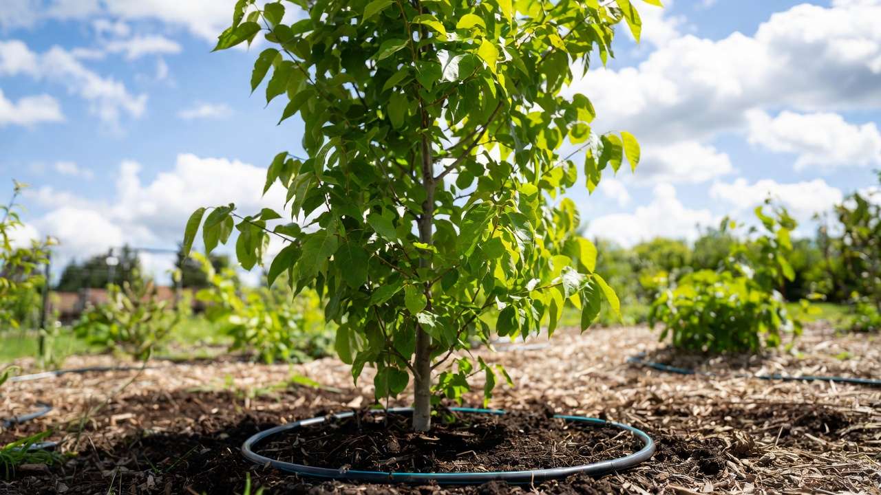 Young newly planted tree receiving deep watering with soaker hose and mulch ring in summer heat