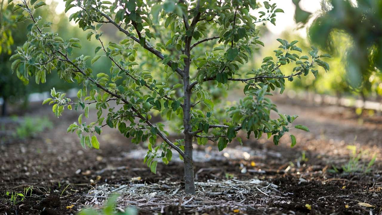 Young fruit tree in orchard illustrating ideal NPK ratio application zone for healthy growth