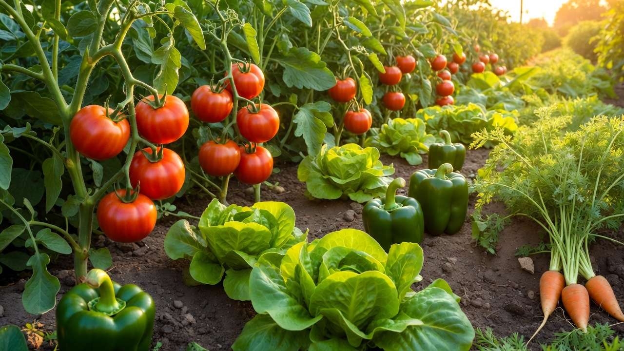 Healthy vegetable garden showing tomatoes peppers lettuce and carrots ready for NPK-balanced fertilization