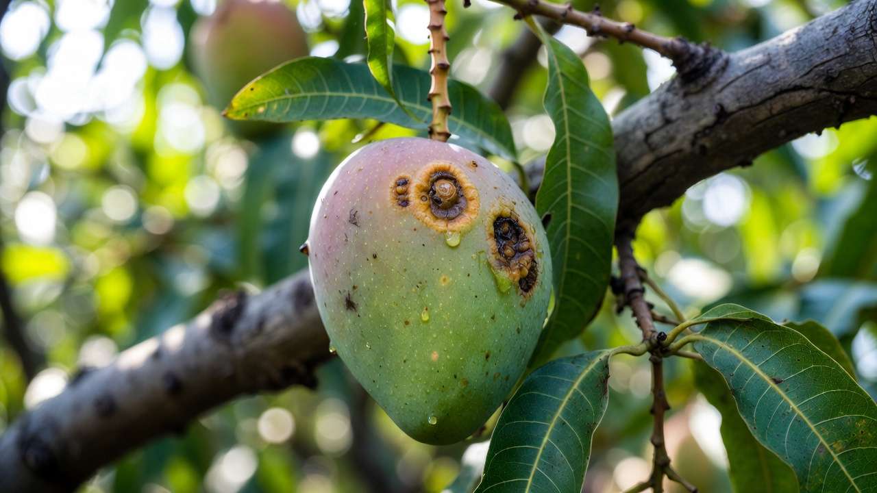 Mango fruit displaying sunken anthracnose lesions and rot – common fruit symptoms of the fungal disease