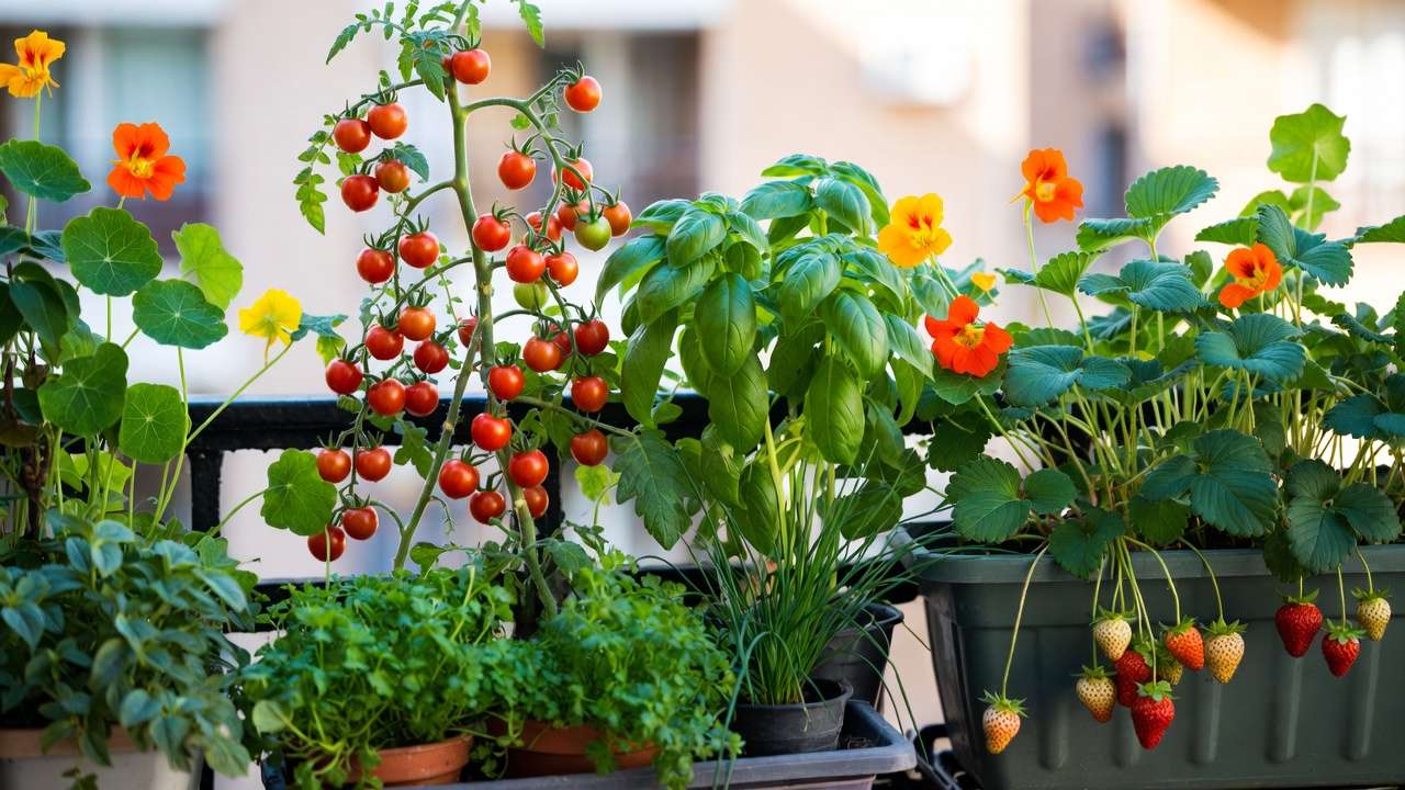 Full-sun balcony plants including cherry tomatoes, basil, strawberries, and nasturtiums in containers