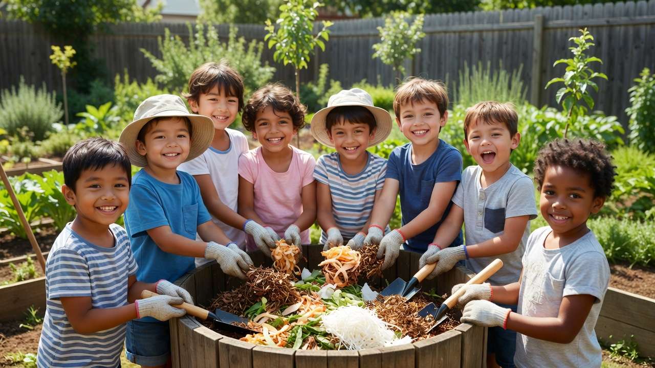Children happily adding kitchen scraps and leaves to a compost bin in a family garden, learning sustainability through hands-on composting activities.