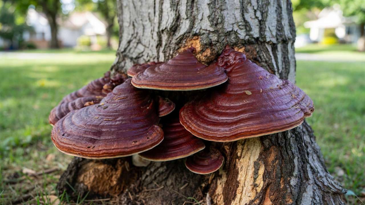 Ganoderma Artist's conk fungal brackets on tree trunk base indicating advanced internal decay when identifying tree trunk rot early
