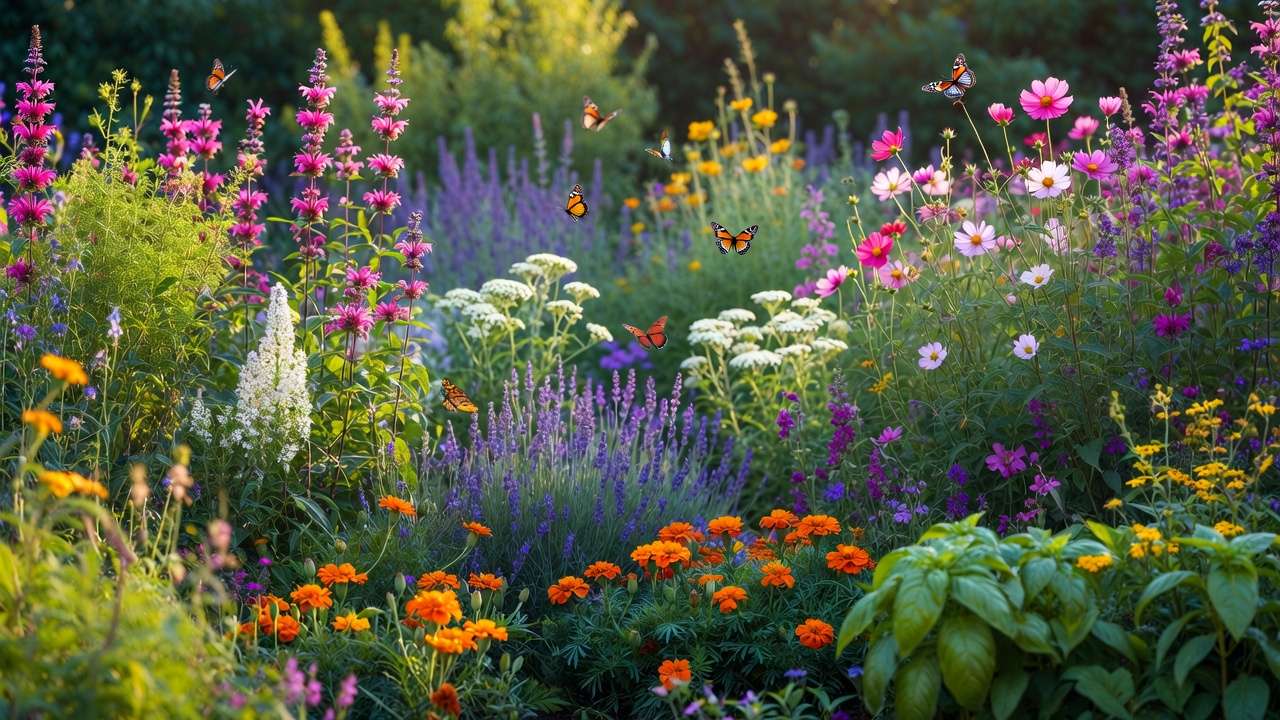 Layered butterfly garden design with bee balm, cosmos, lavender, yarrow, and marigolds for attracting pollinators and natural pest control