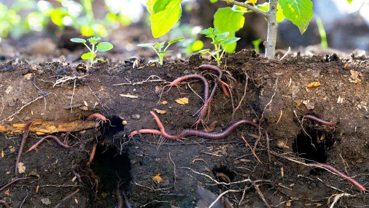European nightcrawlers improving soil structure and aeration in garden bed with plant roots