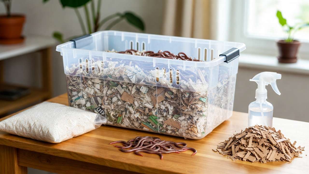 Beginner vermicomposting bin setup with red wigglers and bedding materials