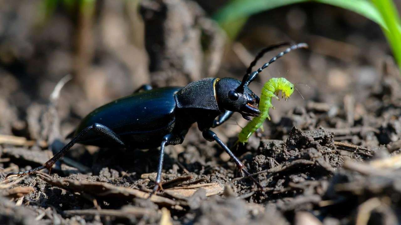 Ground beetle hunting caterpillar in mulched garden soil for root pest protection