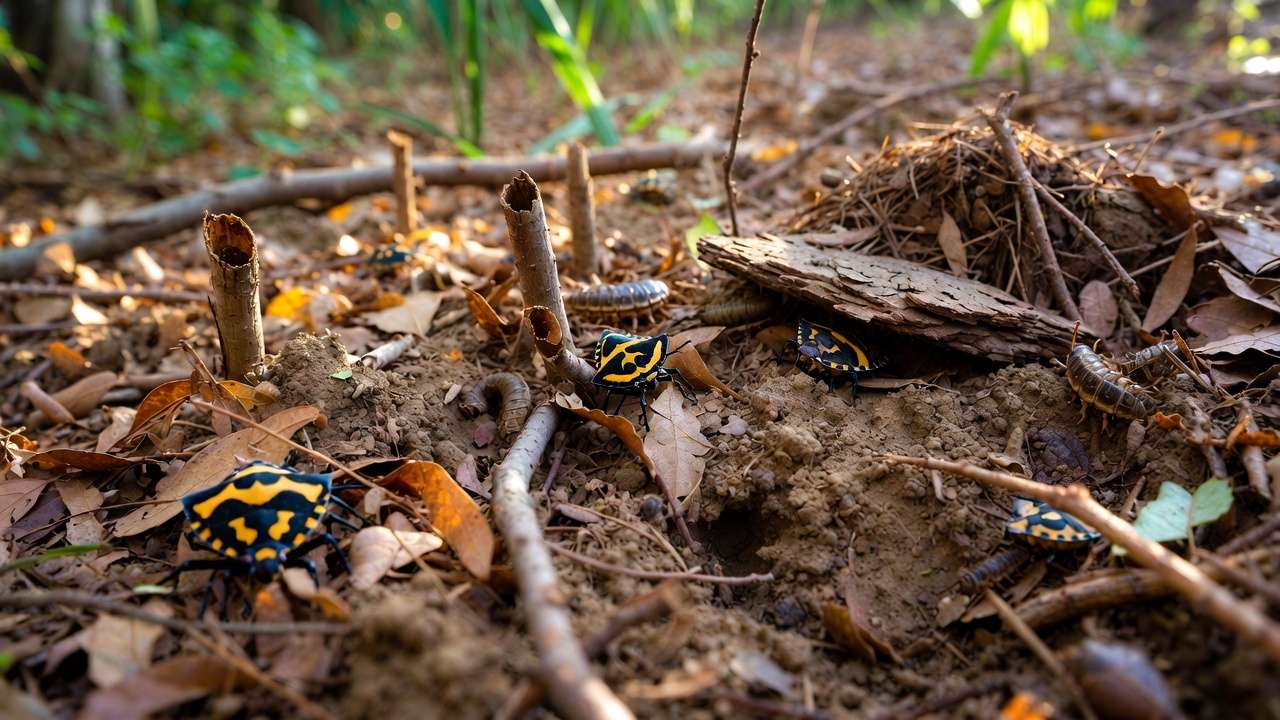 Natural garden habitat with leaf litter, mulch and brush piles for soldier bug overwintering
