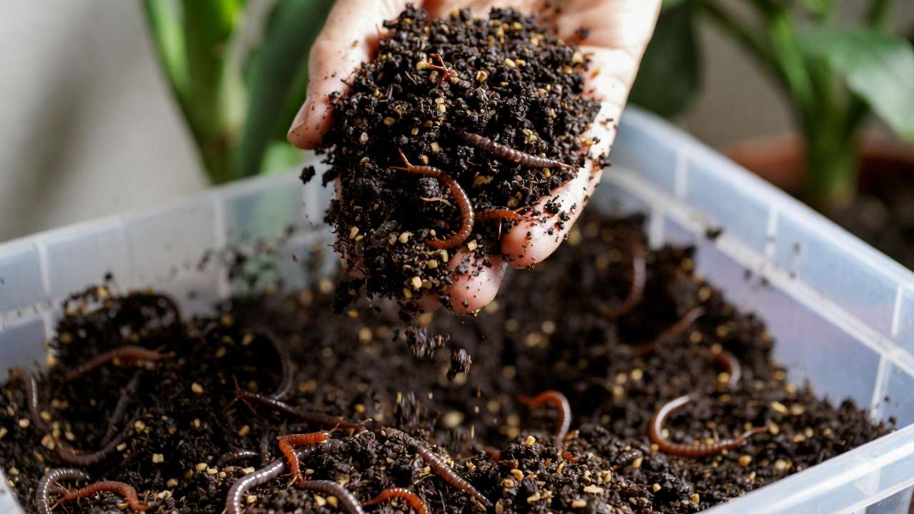 Freshly harvested worm castings vermicompost from home worm bin showing rich dark texture