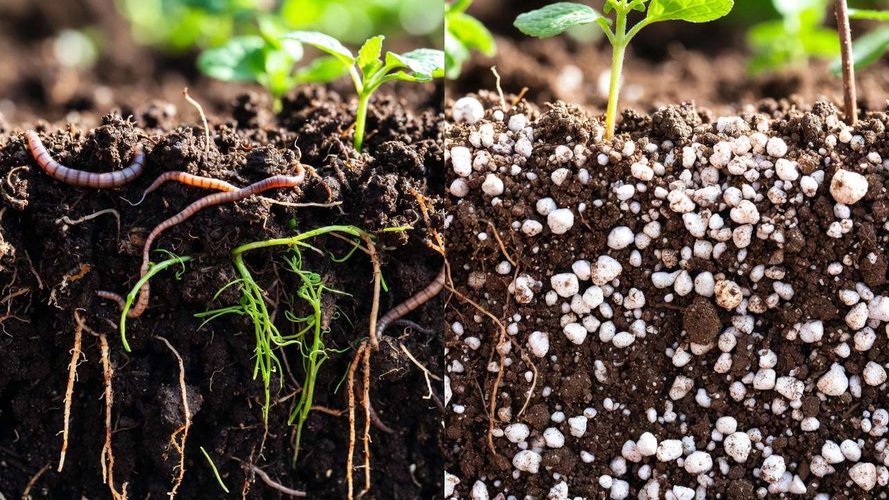 Side-by-side comparison of organic compost soil vs inorganic perlite and gypsum amendments for plants