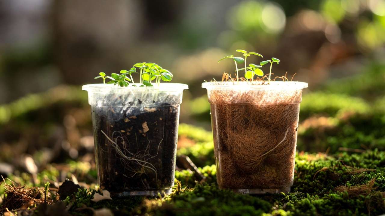 Side-by-side comparison of peat moss and coco coir with visible plant roots