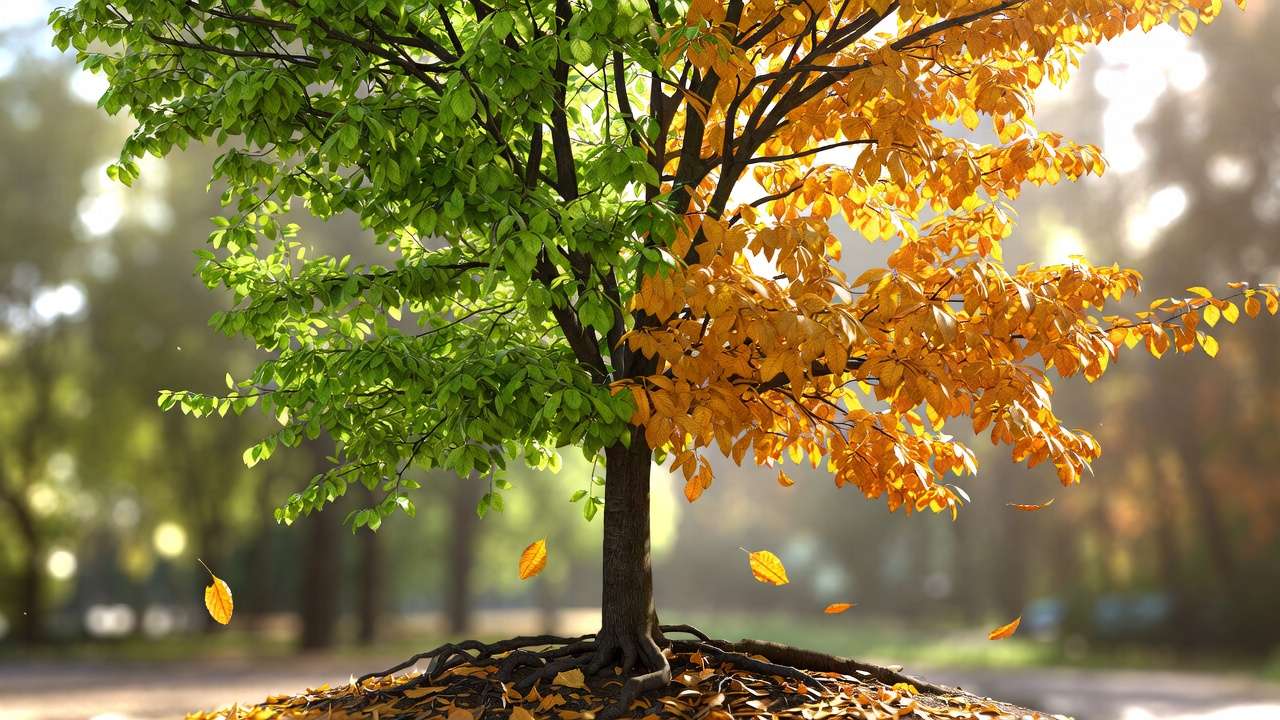 Side-by-side comparison of tree in spring and fall highlighting fertilization timing differences