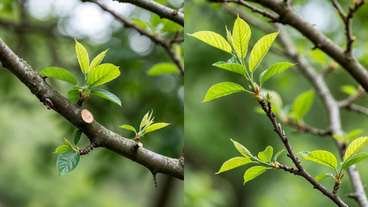 Side-by-side comparison: heading cut vs thinning cut on tree branches showing growth response difference