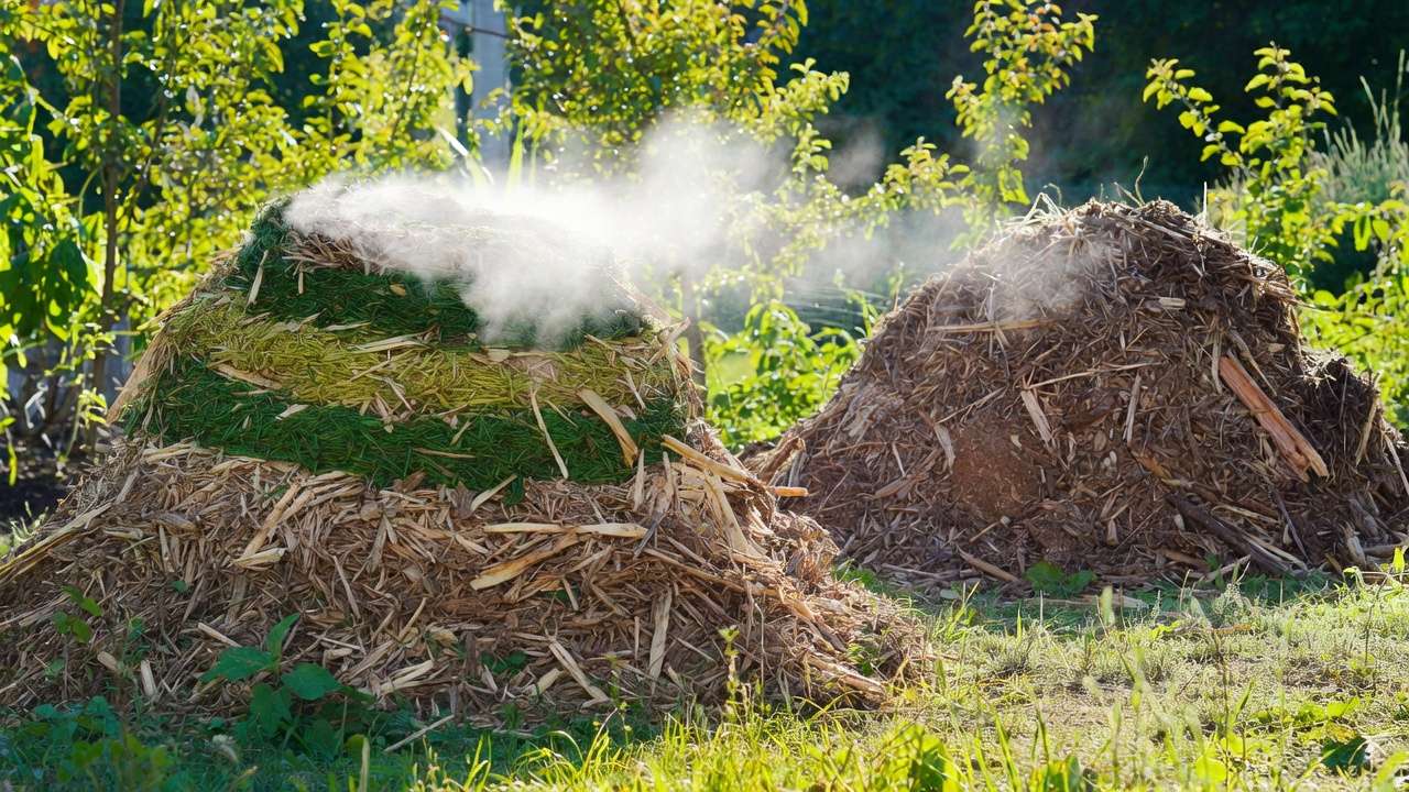 Hot composting vs cold composting piles side by side in a backyard garden