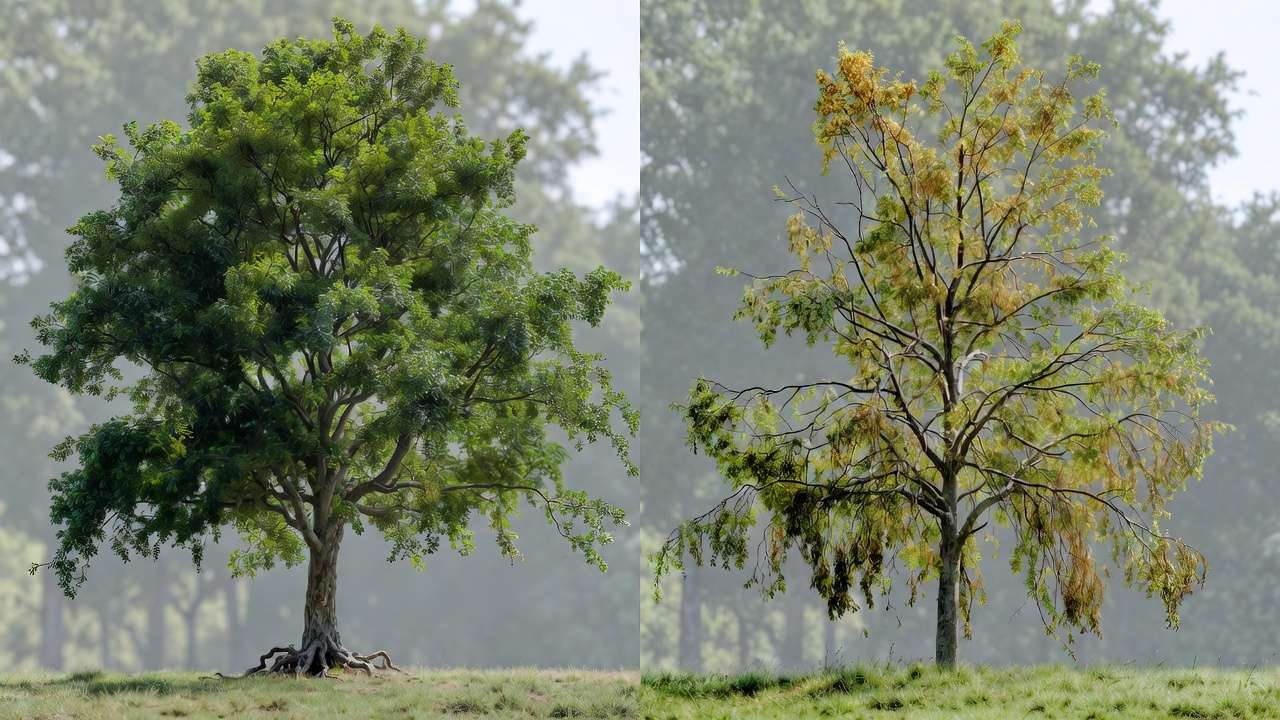 Side-by-side view of healthy vibrant tree versus stressed tree with yellow leaves and dieback