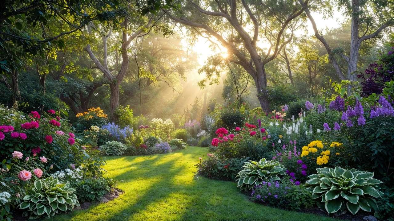 Dappled sunlight through pruned tree canopy illuminating vibrant garden and law
