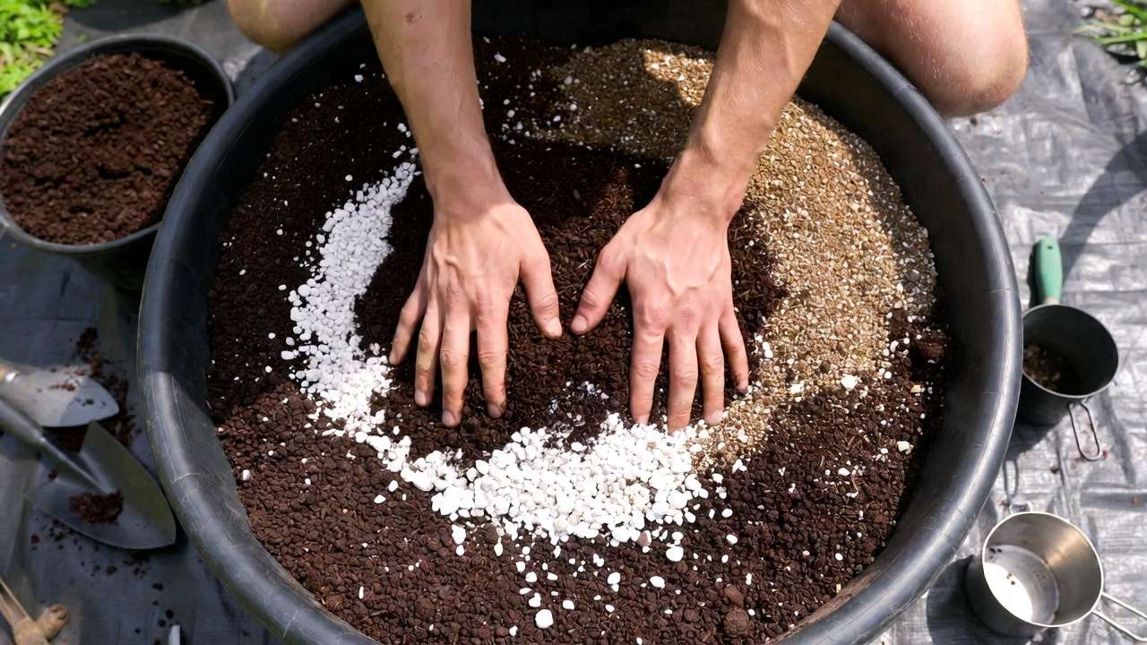 Mixing sterilized homemade potting soil ingredients like coco coir and perlite