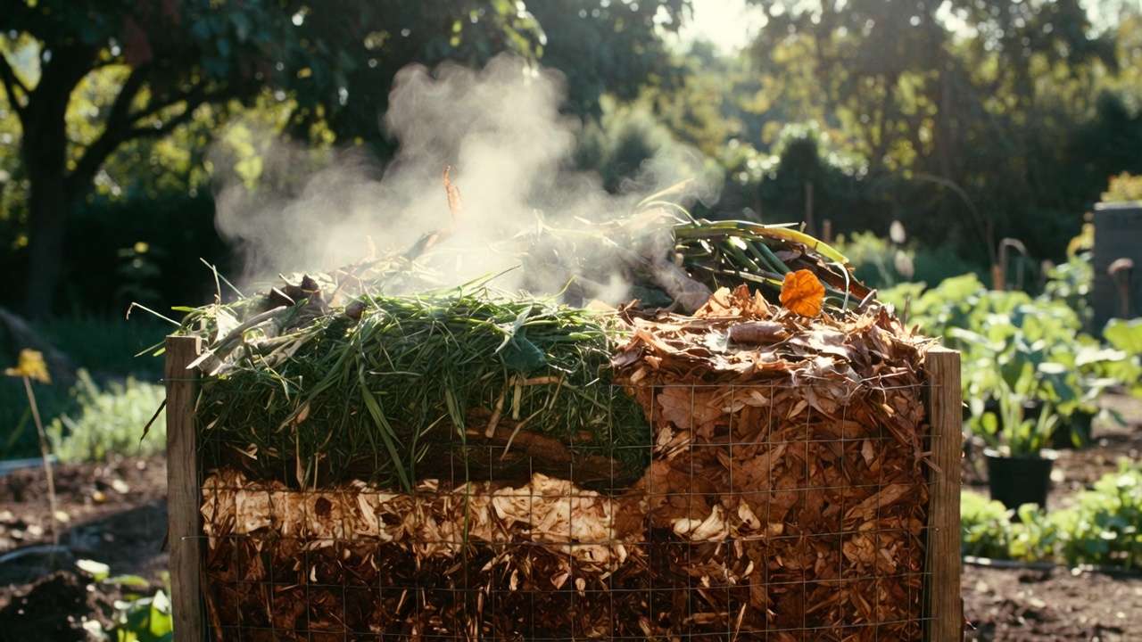 Layered hot compost pile with fall leaves and greens actively decomposing into nutrient-rich organic matter