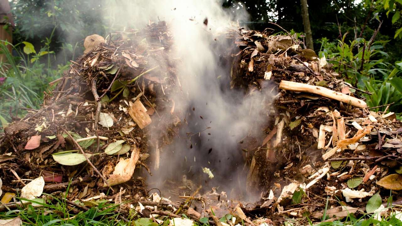 Cross-section of a steaming hot compost pile showing active decomposition in a garden setting