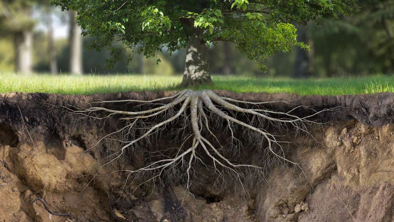 Tree roots spreading far beyond canopy dripline in realistic soil cross-section