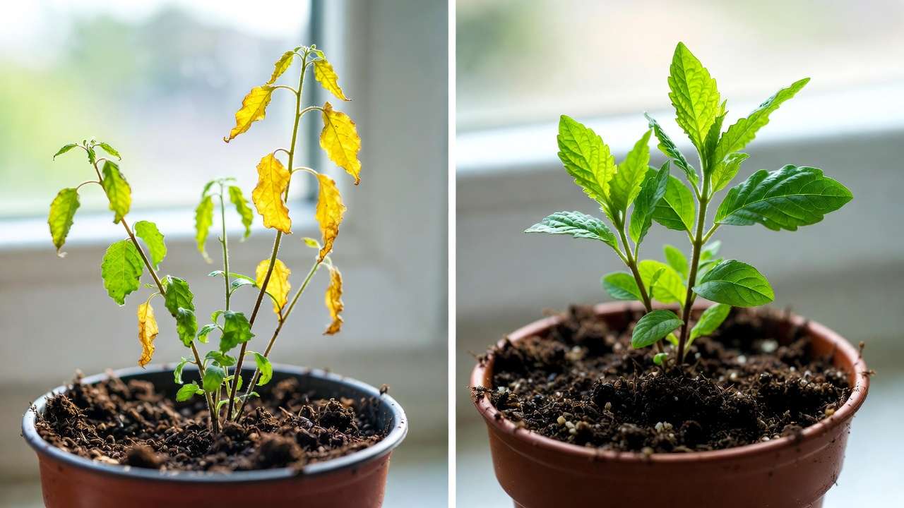 Before and after using finished compost in pots: from struggling yellow plant to lush healthy container growth