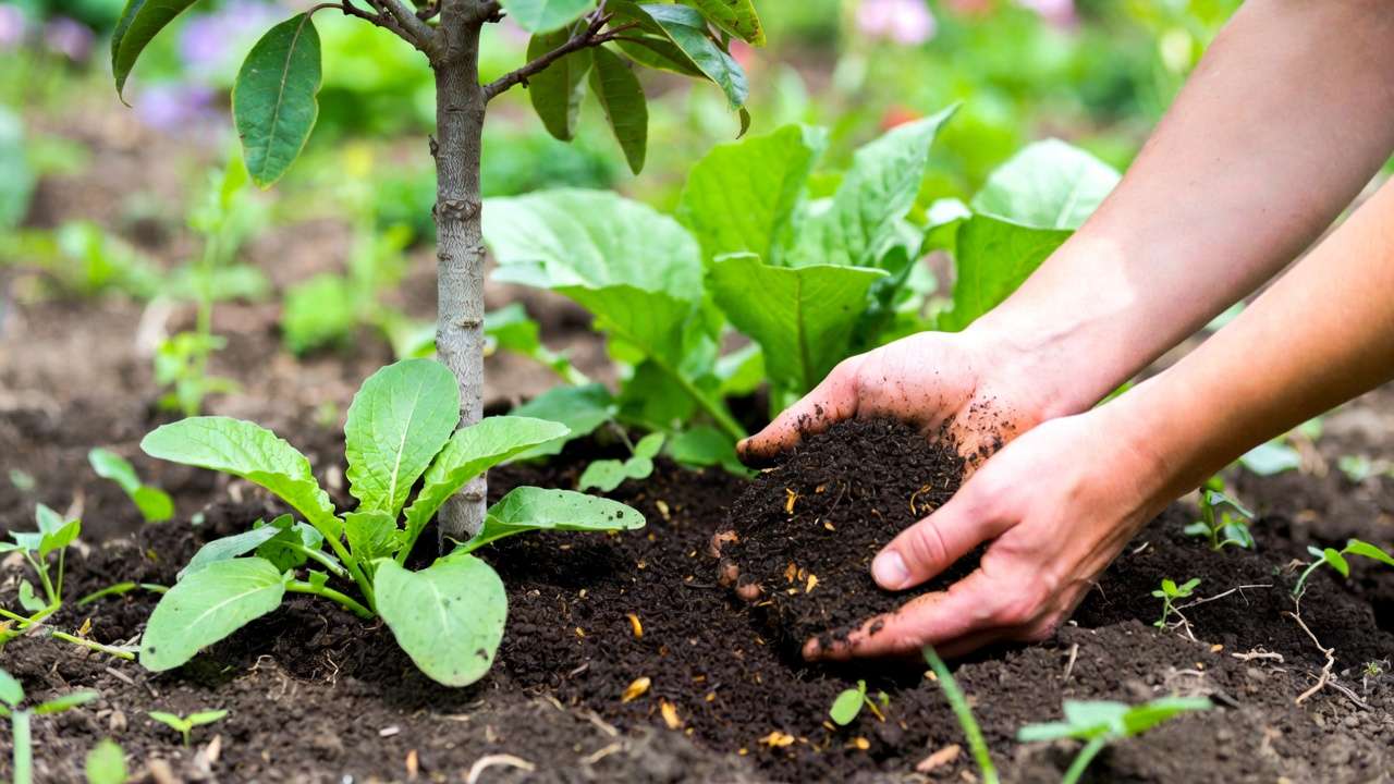 Applying nutrient-rich worm castings as organic fertilizer to boost plant and tree growth in garden