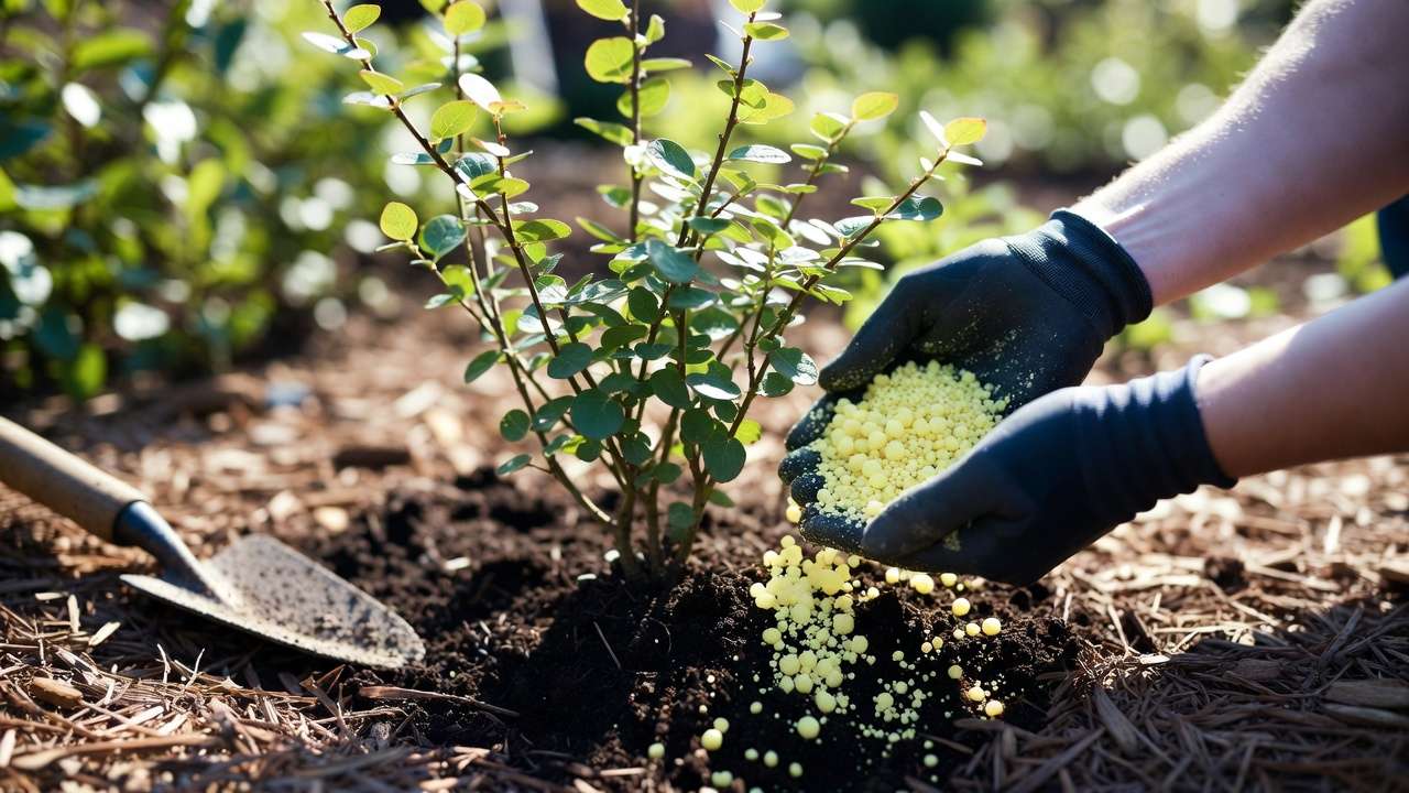 Applying elemental sulfur acidic amendment around blueberry bush to lower soil pH