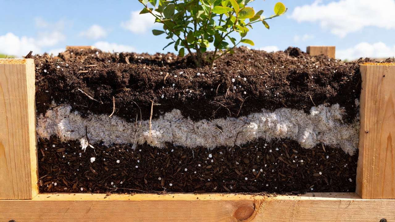 Raised bed blueberry planting with peat moss pine bark acidic soil mix for optimal pH