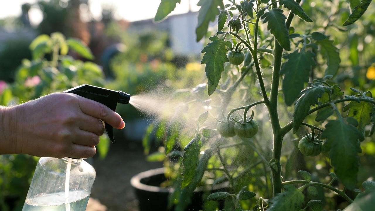 Applying foliar spray calcium fertilizer to tomato plants to prevent deficiencies