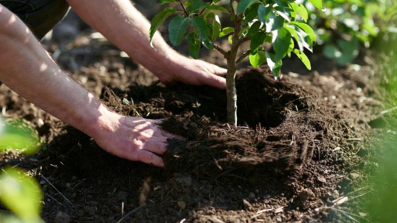 Applying organic compost mulch around young tree base for soil improvement and health