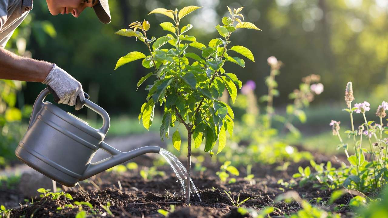 Applying homemade liquid fertilizer as a soil drench to a young fruit tree