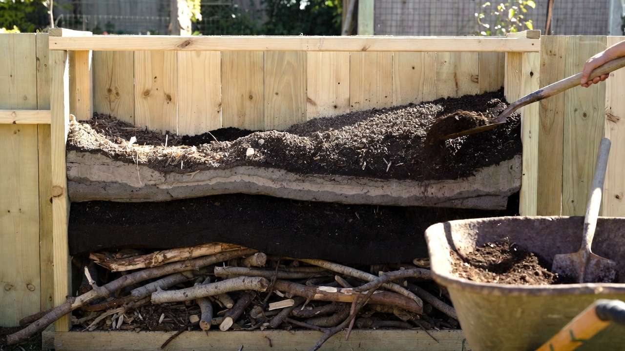 Layering hügelkultur base and DIY soil blend while filling a raised garden bed
